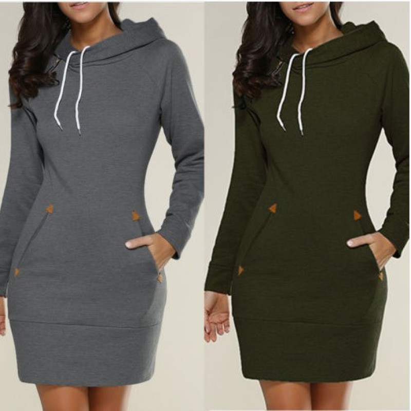 Conyson Spring Autumn New Design Fashion Women Hoodie Dress Solid Color Women Casual Dress Mini Long Sleeves Outfit for Women