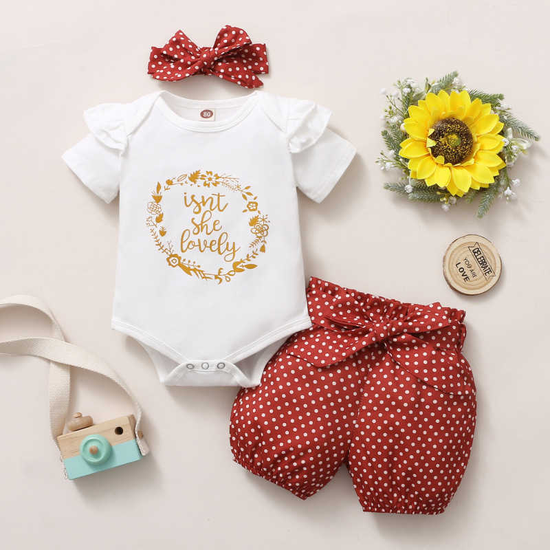 Customized Newborn Baby Girls Printing Clothes Suit Baby Short-sleeve Alphabet Romper + Polka-dot Shorts Sets