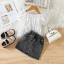 Conyson Off-The-Shoulder Stretch Pleated Lantern Bubble Sleeve Wholesale Ruffle Kids Clothing Short Top Bag Denim Girls Suit