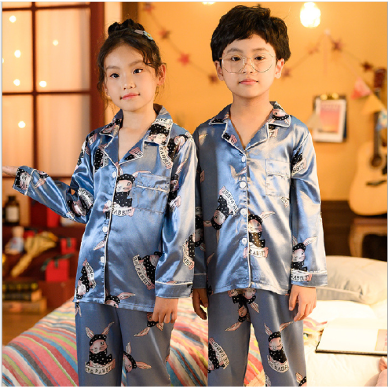 Quick Dry Breathable Printed Custom Silk Long Sleeve Kids Summer Boys Girls Spring Silk Pajamas Satin Sleepwear Set