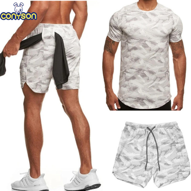 Conyson New Arrival Gym Clothing Workout Cotton Sports Short shirt and Outfit suit 2 pieces Sportswear Fitness Men set