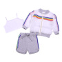 Conjunto de roupa infantil para menina, 3 peças: casaco transparente de organza arco-íris com mangas compridas + colete branco + shorts. Roupa esportiva infantil.