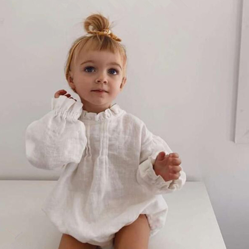 Conyson Wholesale New Kids Baby Clothes Spring Summer Long Sleeve One-piece Solid Linen Baby Girls Jumpsuit Colorful Rompers