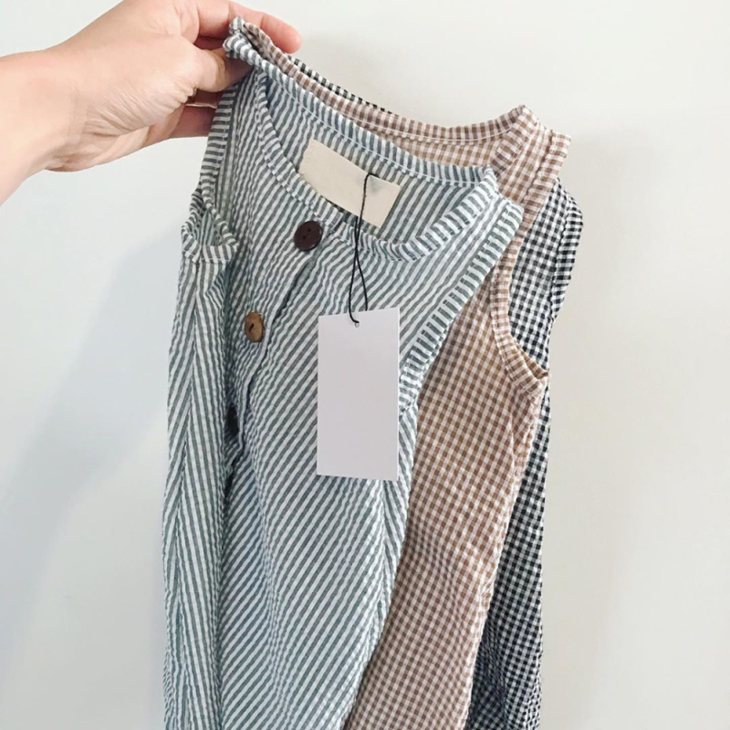 High Quality Covered Button Cotton Lattice Sleeveless Summer Plain Korean Newborn Baby Bodysuit Rompers