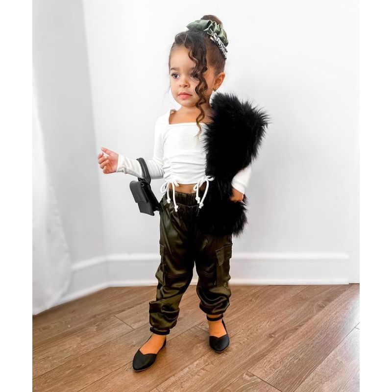 Conyson White Short Sleeve Pullover Baggy Sweatpants Sweats Ruffle Square Collar Crop Top  Leather Long Pants Girl 2Pcs Suit