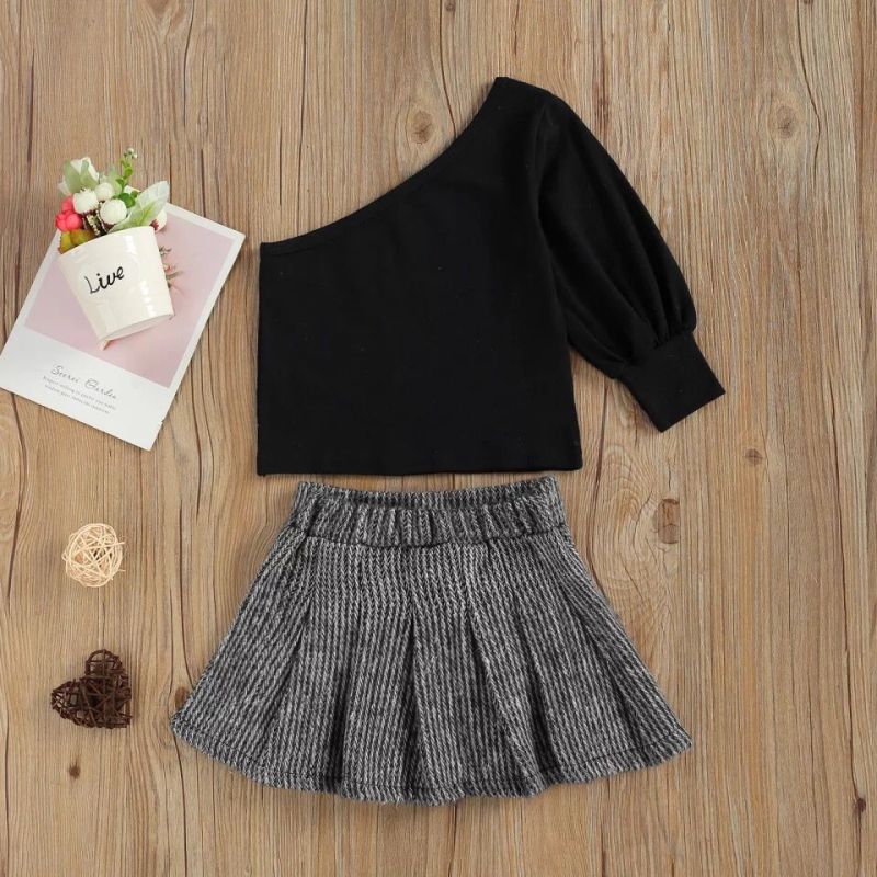 Conyson Toddler Girl One Shoulder Shirts Tops+Buttons Pleated Skirts 2pcs Set Baby Girls Long Sleeve High Waist Boutique Outfit