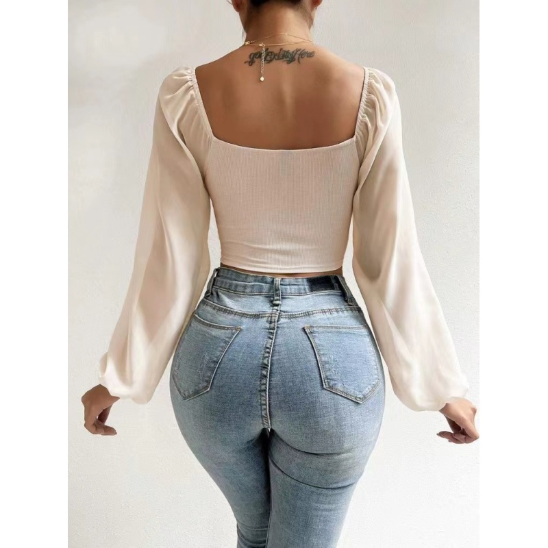 Conyson Fashion Spring Fall Long Sleeve Sexy Deep Square Neck Crop Top Chiffon Shirts Tops Short Women Lady Blouse Clothes