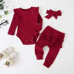 Conyson Wholesale New Kids Clothing Spring Baby Girl 3 pcs Vintage with buttons Outfit Long Sleeves Heart Print Baby rompers