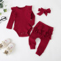 Conyson Wholesale New Kids Clothing Spring Baby Girl 3 pcs Vintage with buttons Outfit Long Sleeves Heart Print Baby rompers