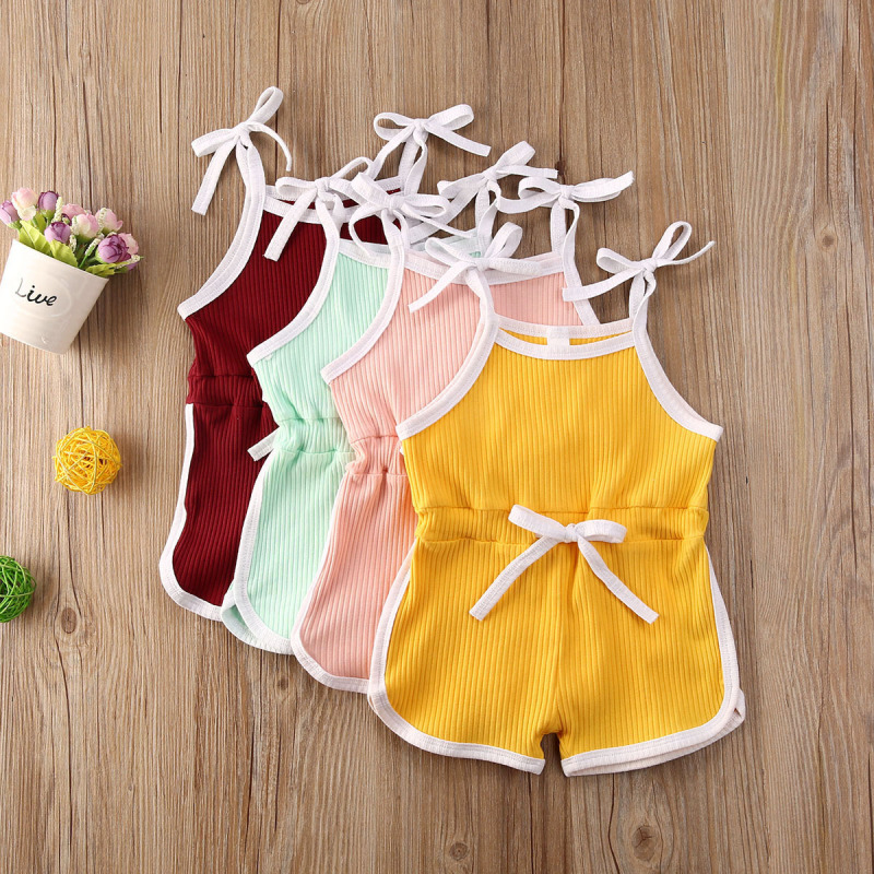 Conyson Summer Sling Shorts Girls' Fashion Sports Beach Pants Clothing Jumpsuit Solid Bowknot Tank Top Knit Kids Girl Sweatshirt