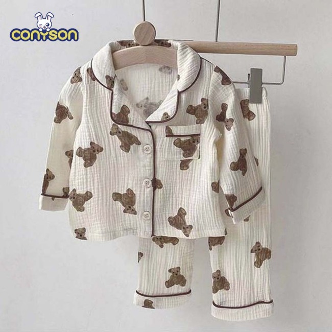 Conyson wholesale autumn long and short sleeves soft organic satiny night wear cartoon cotton sleepwear kids pajamas sets