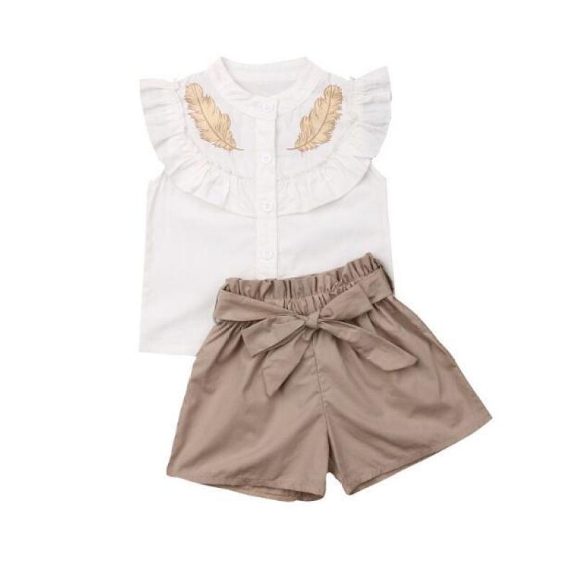 Girls Clothing Childrens 2021 Lovely Kid Baby Girls Feather Clothes Sets Summer Sleeveless Tops Shorts 2pcs Suit Outfits Kids