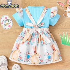 Conyson RTS Low MOQ Spring Summer Short Sleeve Top Rabbit Printing Suspenders Baby Cotton Fabric Kids Two Pieces Easter Set
