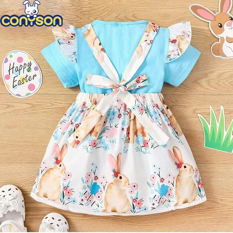 Conyson RTS Low MOQ Spring Summer Short Sleeve Top Rabbit Printing Suspenders Baby Cotton Fabric Kids Two Pieces Easter Set
