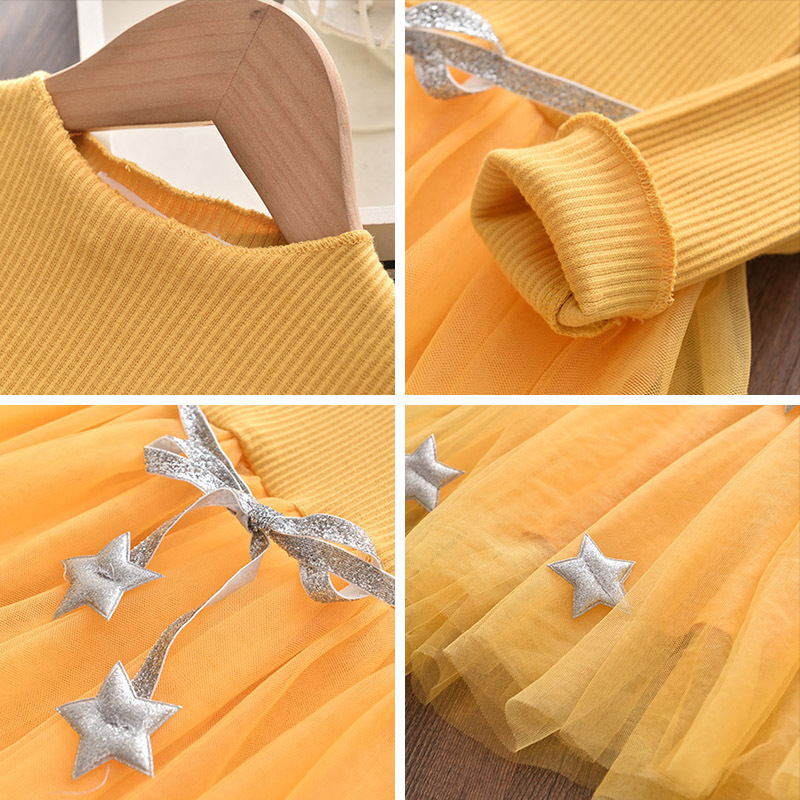 Manufacturers Selling Custom New Long-sleeve Tethers Girl Mesh Dress With Stars For Girls