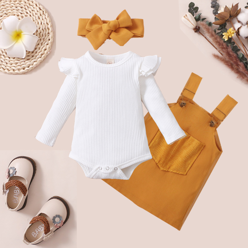 Conyson Wholesale Baby Kids Girls Solid Stripes Long Sleeve Romper Tops Pocket Suspender with Headband 3Pcs Clothing Skirt Set