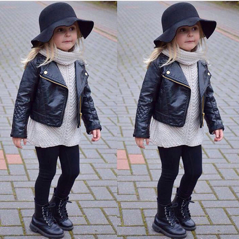 Conyson Hot Sale korea fashion boutique fall kids girls designers kid solid clothes PU leather winter clothing wholesale jacket
