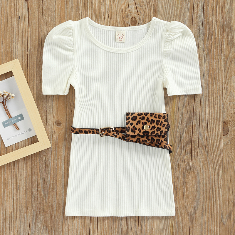 Conyson Summer Fashion Little Girls Dress Kids Clothes Short Puff Sleeve Solid Straight Dresses With Leopard Printed Fanny Pack