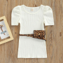 Conyson Summer Fashion Little Girls Dress Kids Clothes Short Puff Sleeve Solid Straight Dresses With Leopard Printed Fanny Pack