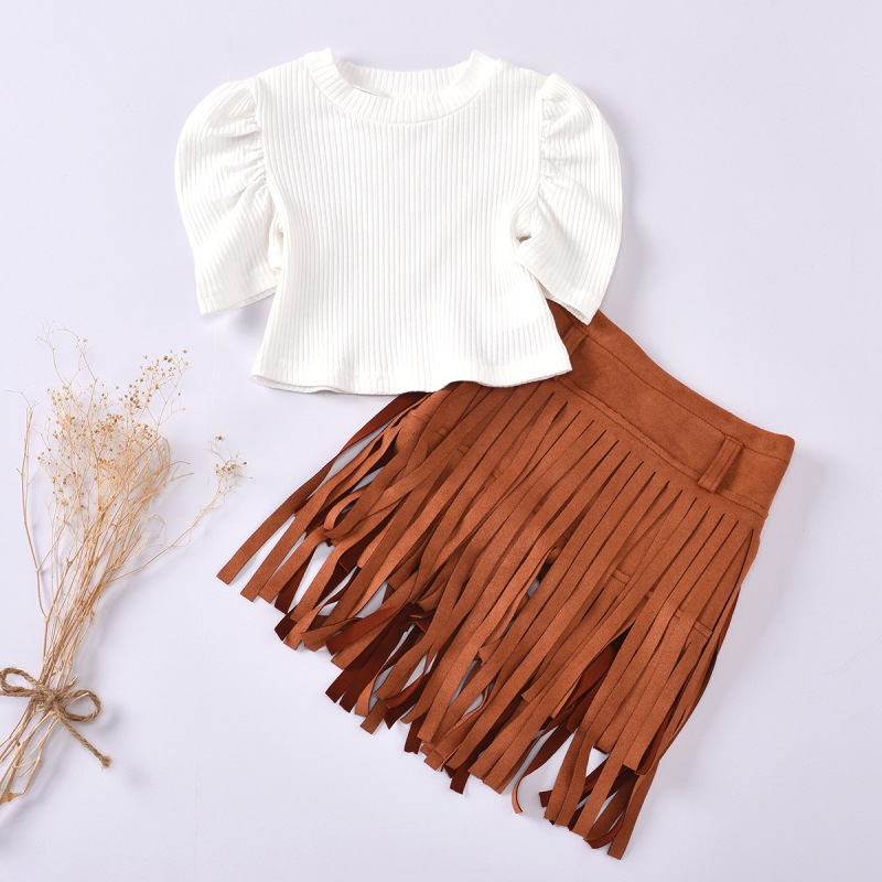 Conyson Hot New Kids Clothes Outfit Baby Girls Puff Tops T-shirt Tassel Skirt Children Fashion Tassels Skirt Summer Clothing Set