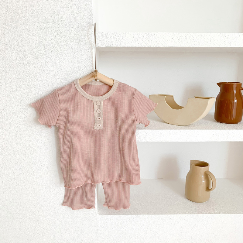 Conyson High Quality Outfit Summer Infants Clothing Unisex Organic Newborn Plain Baby Clothes Knitted 2 Pcs Kids Matching Sets