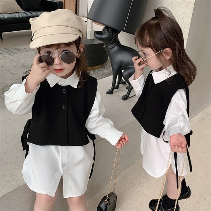 Conyson Fashion Little Girls Clothes Vest long Sleeve Button Turn-down Collar Shirt Dress 2 Pcs Casual Cute Girl Outfits Set