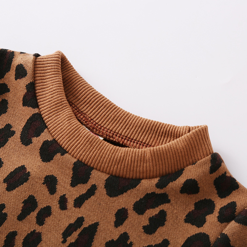 Conyson Winter High Quality Pullover Brown Leopard Print Yarn-dyed Top + Leather Zipper Skirt 2Pcs Clothing Sets For Baby Girls