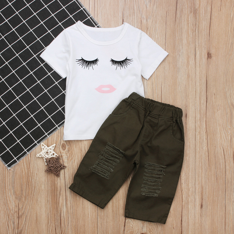 Wholesale 2021 Summer casual short sleeve white print cartoon tops medium pants Kids Clothes suits Children girls Clothing Set