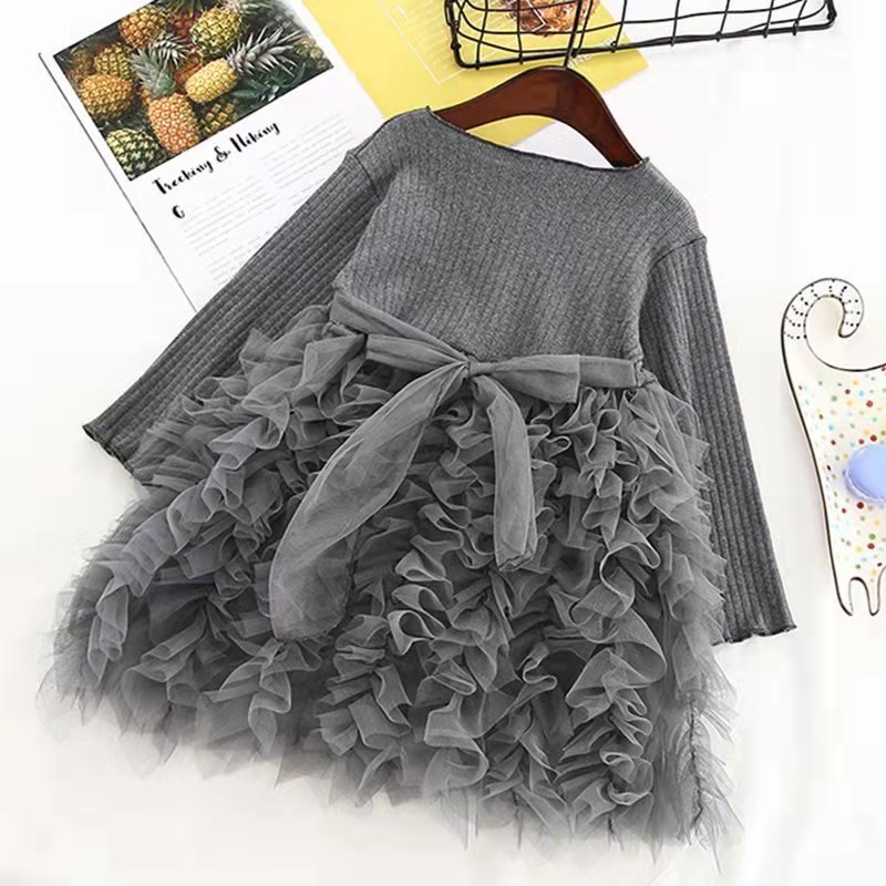Conyson Wholesale High Quality Spring Mesh Baby Clothing Sets Knit O-Neck New Designers Long Sleeve Girls Princess Dress