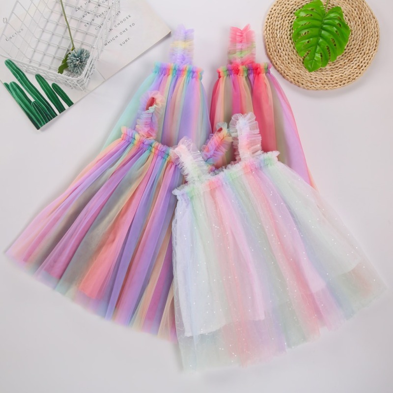 2021 Ins summer new girls sleeveless suspender net gauze clothes children net gauze princess rainbow tutu skirt baby dress