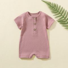 Conyson Wholesale Customize Baby Clothes Solid Cotton New Born Summer Knitted Unisex Spanish Sweatshirt Short-Sleeve Baby Romper
