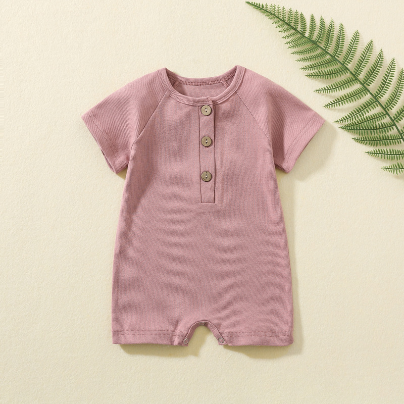 Conyson Wholesale Customize Baby Clothes Solid Cotton New Born Summer Knitted Unisex Spanish Sweatshirt Short-Sleeve Baby Romper