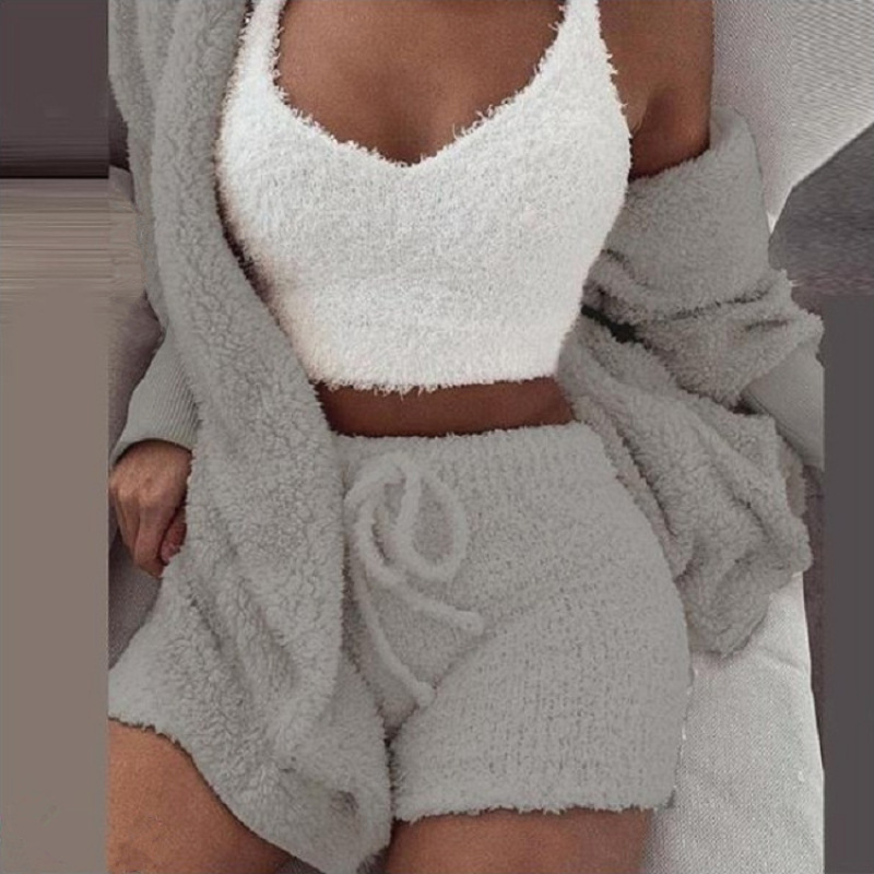 Conyson New Wholesale Plus Size Winter Suit Pjm Cozy Home Leisure 3 Pieces Crochet  long sleeve Women Sexy Matching Set