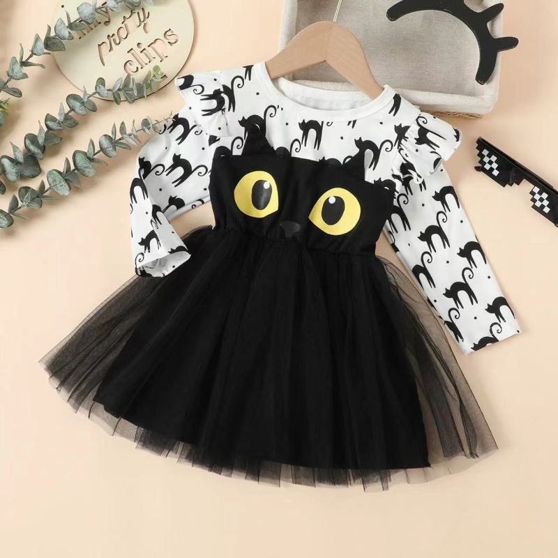 Conyson 1-6 Years Toddler Baby Girl Clothes Long Sleeve Mesh Tulle Princess Dresses Cartoon Cat Halloween Girls Dress