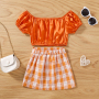 Conyson Fashion Toddler Girls Clothes Sets Short Sleeve Off Shoulder Solid T Shirts+Plaid Printed A-Line Skirts/Shorts Kids Sets