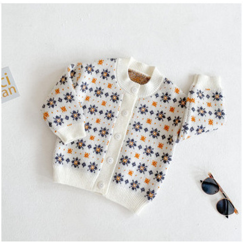 Wholesale White Red Floral Print Cute Polyester 2-9Years Knit Cardigan Sweater Kid Girl