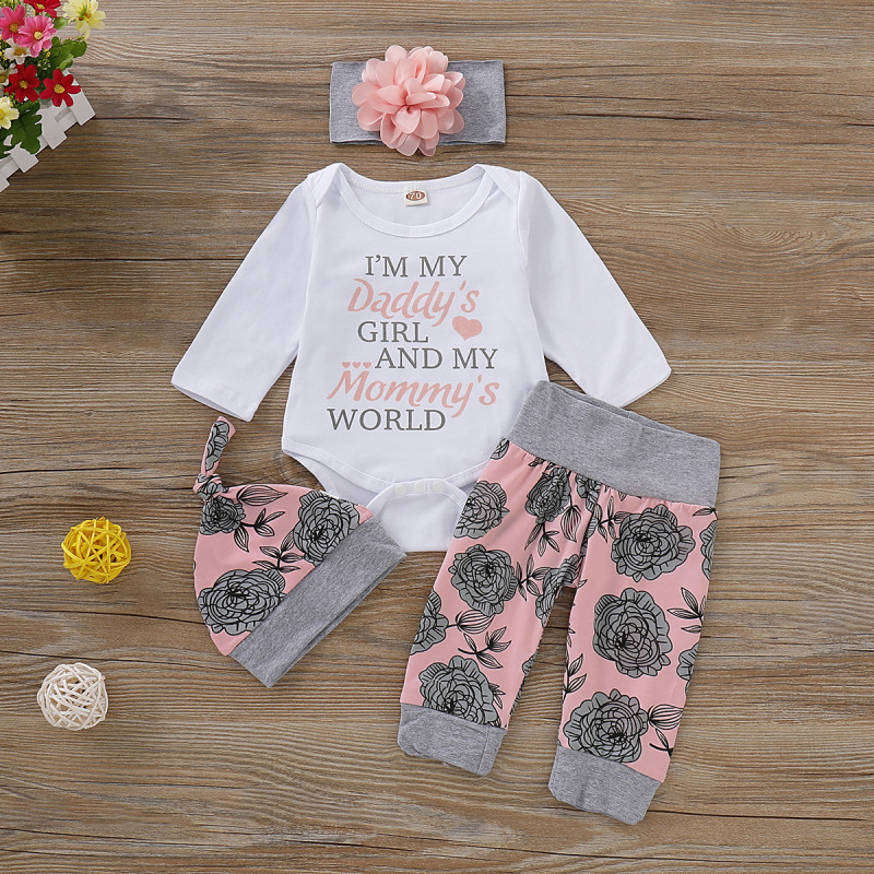 Wholesale High quality 2021 summer popular casual letter long sleeve button o-neck top print flower pants baby girls clothes set
