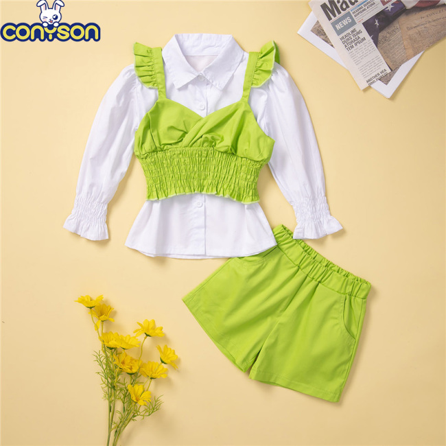 Conyson Wholesale New Trendy Market Blouse Long Sleeves Boutique Ruffle Korean Kids Wear 3 Pieces High Waist Summer Girls Sets
