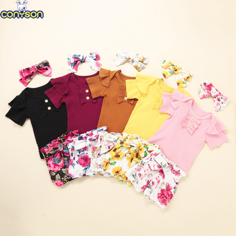 Conyson New Fashion Baby Clothes Baby Girl Romper button short sleeve Newborn Cute Headband Baby Girls Clothing Jumpsuit Romper