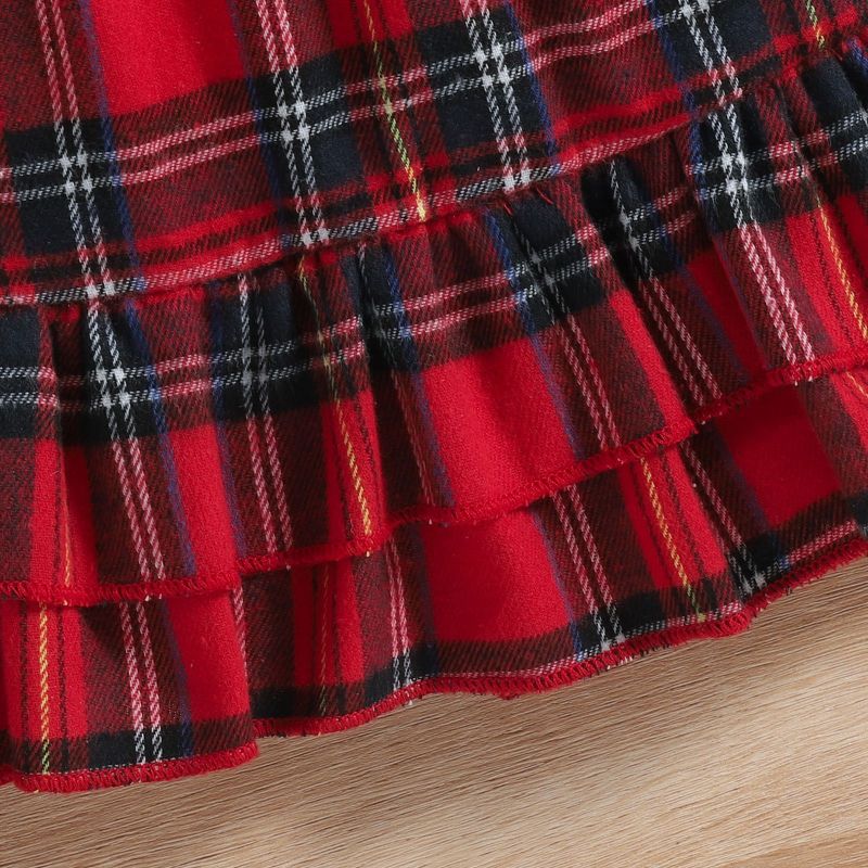 Christmas Princess Dress Brushed England Style Plaid Waist Belt Children Skirt Turn-down Collar Double Ruffle Lovely Party Cloth