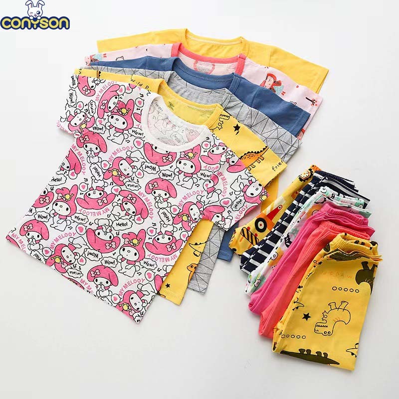 Conyson High Quality Korean Style Spring Summer Cotton Kids Pyjama Sets Boys Girls Short Sleeve Two Pieces Clothes