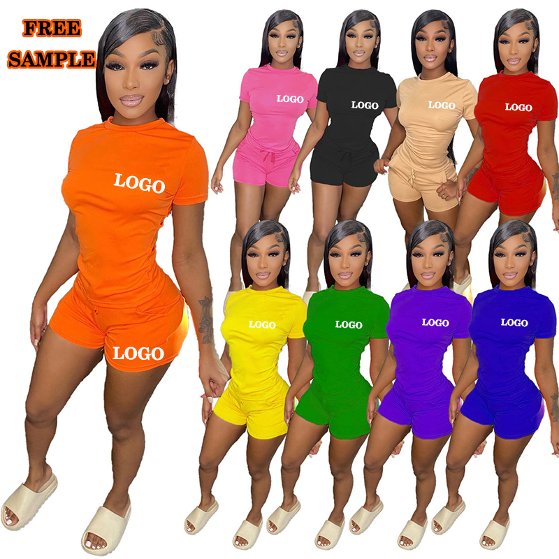 2022 Custom Logo Women Summer Short Set Short Sleeve T Shirt Biker Shorts Sets Skinny 2 Piece Short Set Women Clothing