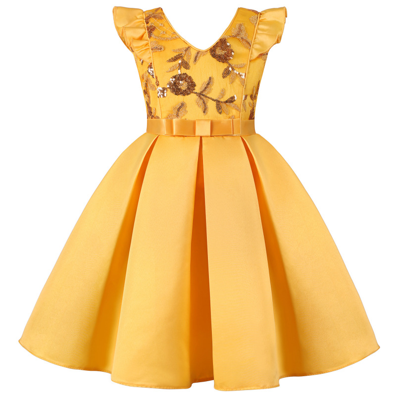 Conyson New Little Flying Sleeve Wholesale Embroidery Children Sequin Dress Skirt Festive Party Princess Fancy Girls Dress
