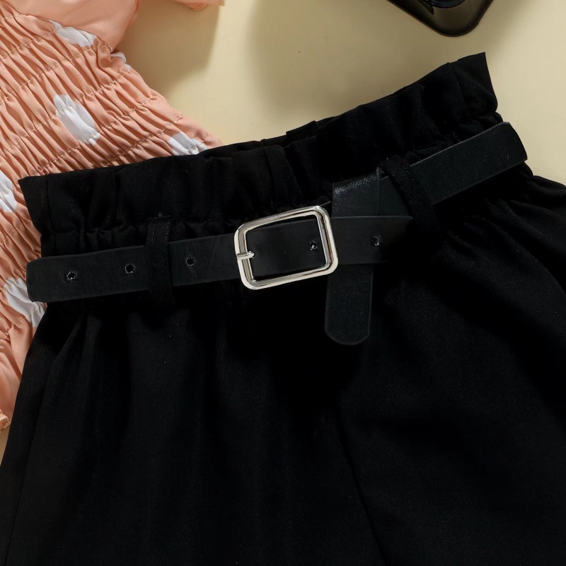 Conyson New Style Low MOQ Dot Puff Sleeve Summer Set Outfits Baby Girl Shorts With Belt Girls Fashion Three Piece Short Sets