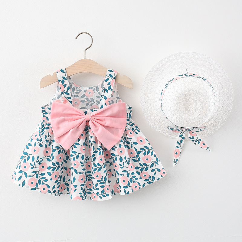 Conyson Wholesale Summer New Design Fashion Korean Sweet Kids Clothes Suit Princess Bowknot Dresses+Hat Baby Girls Clothing Set