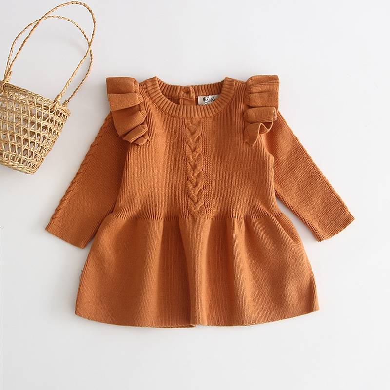 Fall Winter Knitted Princess Baby Long-Sleeved Solid Color Elastic Sweater Cotton Toddler Girls' Dresses