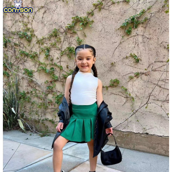 Conyson Wholesale summer toddler 2-7y Girl Newborn Clothes Suit Solid Color Sleeveless Top Pleated Skirt Two-Piece Girl Set