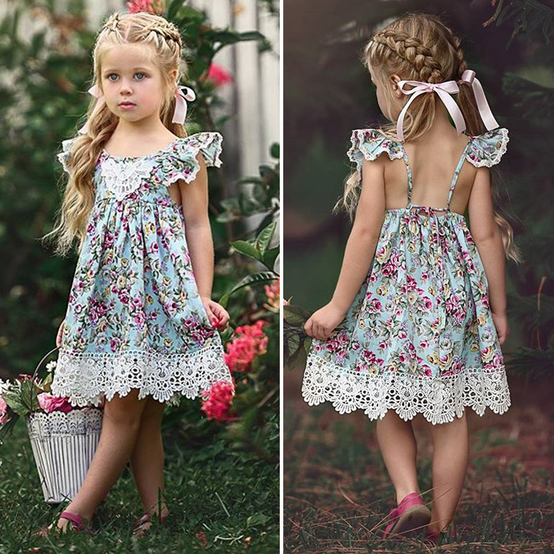 Conyson Hot Sale Ruffle Vintage Floral Print Summer Kids Clothes Baby Girls Party Casual Beach Holiday Outfit Fly-sleeve Dress