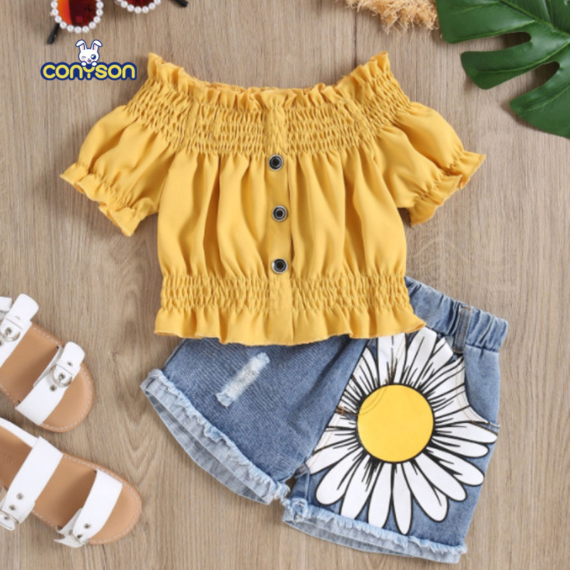 Conyson Summer Fashion Children Girl 2pcs Outfits Jean Shorts Solid Top Children's Girls 2 Piece Casual Kids Girls Clothing Sets