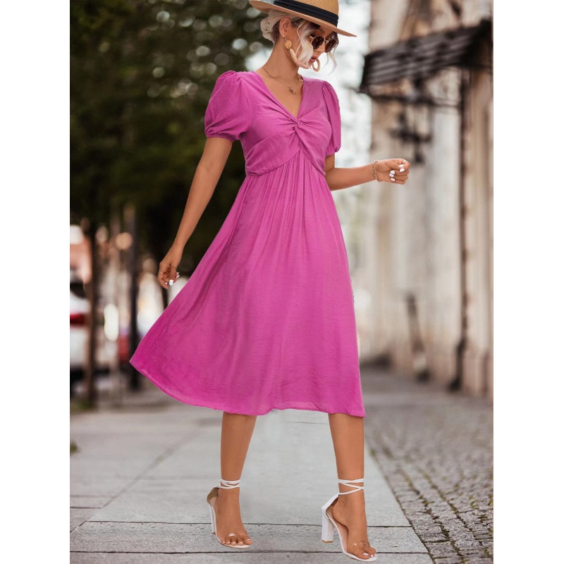 Conyson Hot Wholesale Stock Lots Spring Summer Ruffled Puff Sleeve Kink Polyester Solid V-Neck Fashion Women Elegant Dress